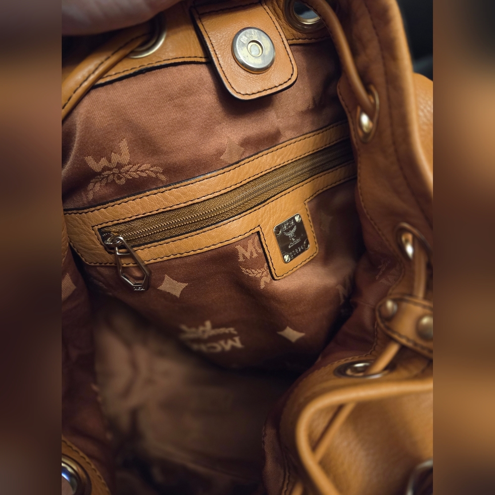 Authentic MCM Leather Drawstring Bucket Bag, often referred as Hobo Crossbody - Picture 10 of 15